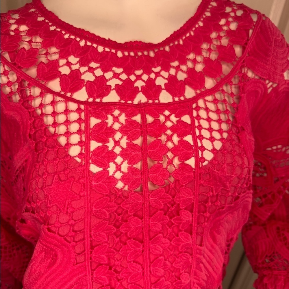 Farm Rio Boohoo Alucina Puff-Sleeve Guipure Pink Crop Top Size Small - Picture 7 of 13